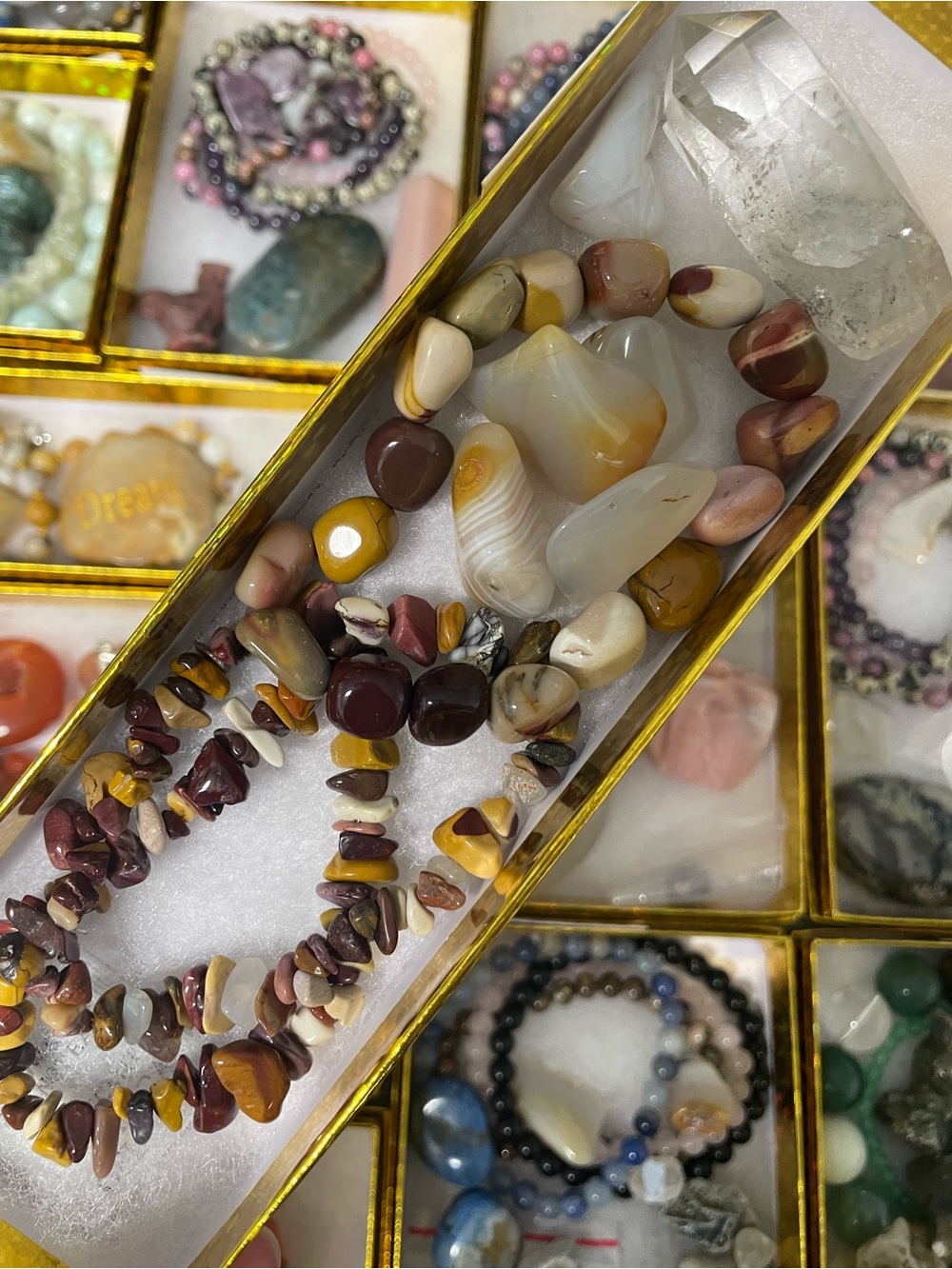 Mookaite tumble and chip three bracelet set with crystals goodie gift box